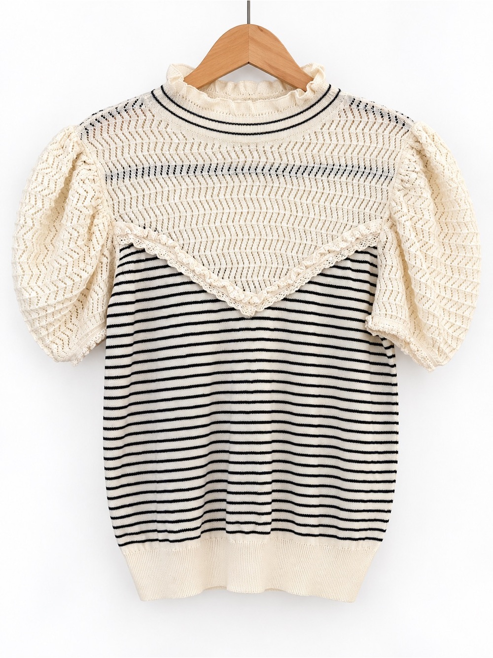 Zara Cream and Black Striped high neck Lace Yoke Puff Sleeve Sweater